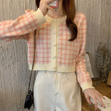 画像をギャラリービューアに読み込む, シンプルチェック柄カーディガン長袖ニットセータートップス