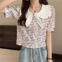 画像をギャラリービューアに読み込む, リボンボウタイ風花柄 半袖シャツ ブラウス韓国系春夏レディース