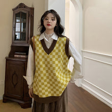 画像をギャラリービューアに読み込む, レトロチェス チェックニットベストゆったり韓国系 ガーリー