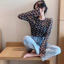 画像をギャラリービューアに読み込む, 月柄トップス長袖カットソー薄手透け感Tシャツインナーダンス衣装ヒップホップHIPHOPレディースストリート個性的スター韓国おしゃれ総柄

