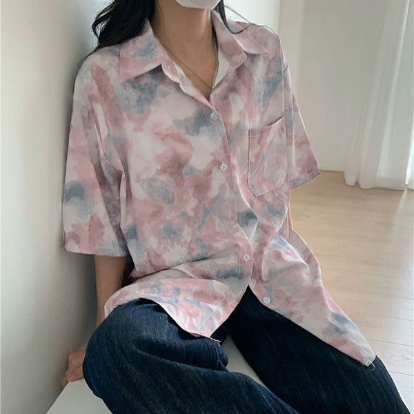 柄シャツ タイダイ柄半袖シャツ五分袖 マーブル柄 ぼかし柄 絞り染め風 春服 秋服大きいサイズ 個性的ダンス 衣装