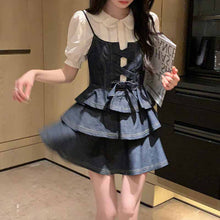 画像をギャラリービューアに読み込む, サマーシャツ サスペンダー デニムスカート 2点セットパフスリーブ ブラウス キャミソール デニム ジャンパースカート セットアップ 半袖
