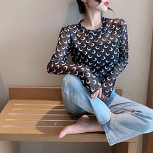 画像をギャラリービューアに読み込む, 月柄トップス長袖カットソー薄手透け感Tシャツインナーダンス衣装ヒップホップHIPHOPレディースストリート個性的スター韓国おしゃれ総柄
