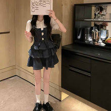 画像をギャラリービューアに読み込む, サマーシャツ サスペンダー デニムスカート 2点セットパフスリーブ ブラウス キャミソール デニム ジャンパースカート セットアップ 半袖
