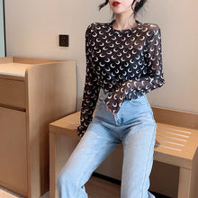 画像をギャラリービューアに読み込む, 月柄トップス長袖カットソー薄手透け感Tシャツインナーダンス衣装ヒップホップHIPHOPレディースストリート個性的スター韓国おしゃれ総柄
