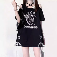 画像をギャラリービューアに読み込む, デザインゆったりミドル丈Tシャツオープンショルダー ボウタイ Tシャツ原宿系ダンス洋服
