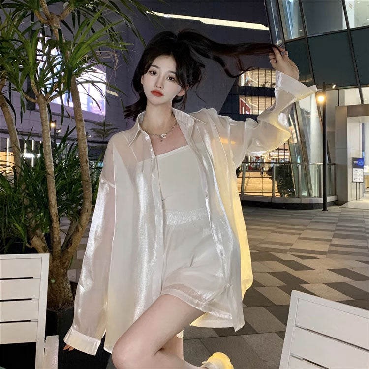 日焼け止めセットアップ透け感シャツ とショートパンツ韓国っぱレデイーズカジュアル上下セット