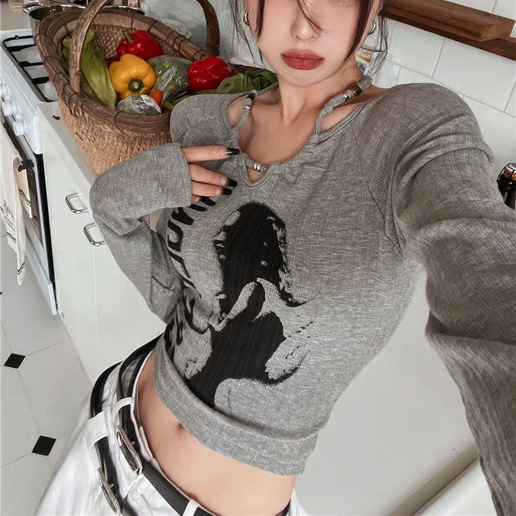韓国ファッションショート丈 ロンT ロゴデザイ長袖Tシャツレディース原宿系ダンス洋服