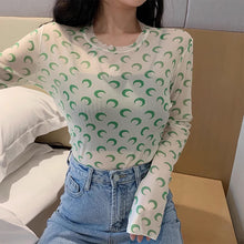 画像をギャラリービューアに読み込む, 月柄トップス長袖カットソー薄手透け感Tシャツインナーダンス衣装ヒップホップHIPHOPレディースストリート個性的スター韓国おしゃれ総柄
