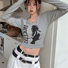 画像をギャラリービューアに読み込む, 韓国ファッションショート丈 ロンT ロゴデザイ長袖Tシャツレディース原宿系ダンス洋服
