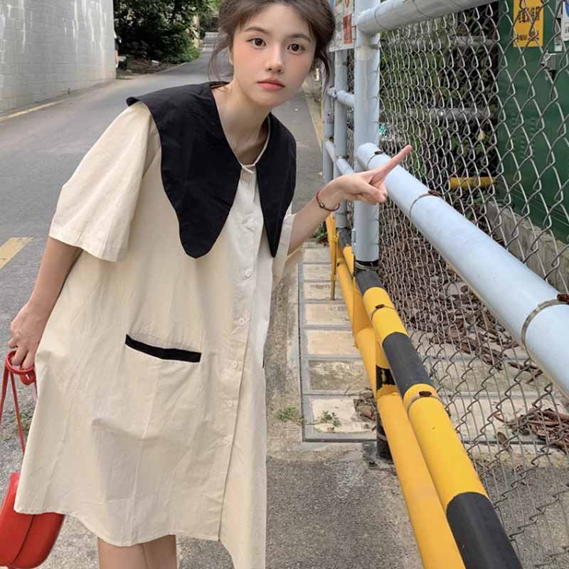 気質年齢を減らすカラー人形の襟半袖ドレスの女性の夏の新しい緩いシングルブレスト A ラインスカート