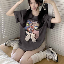 画像をギャラリービューアに読み込む, 半袖プリント Tシャツ立体弓半袖 Tシャツルーズ新しいカジュアルトップスイントレンディなラウンドネック漫画プリントトップス

