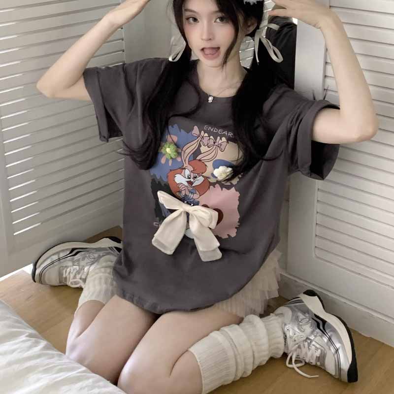 半袖プリント Tシャツ立体弓半袖 Tシャツルーズ新しいカジュアルトップスイントレンディなラウンドネック漫画プリントトップス