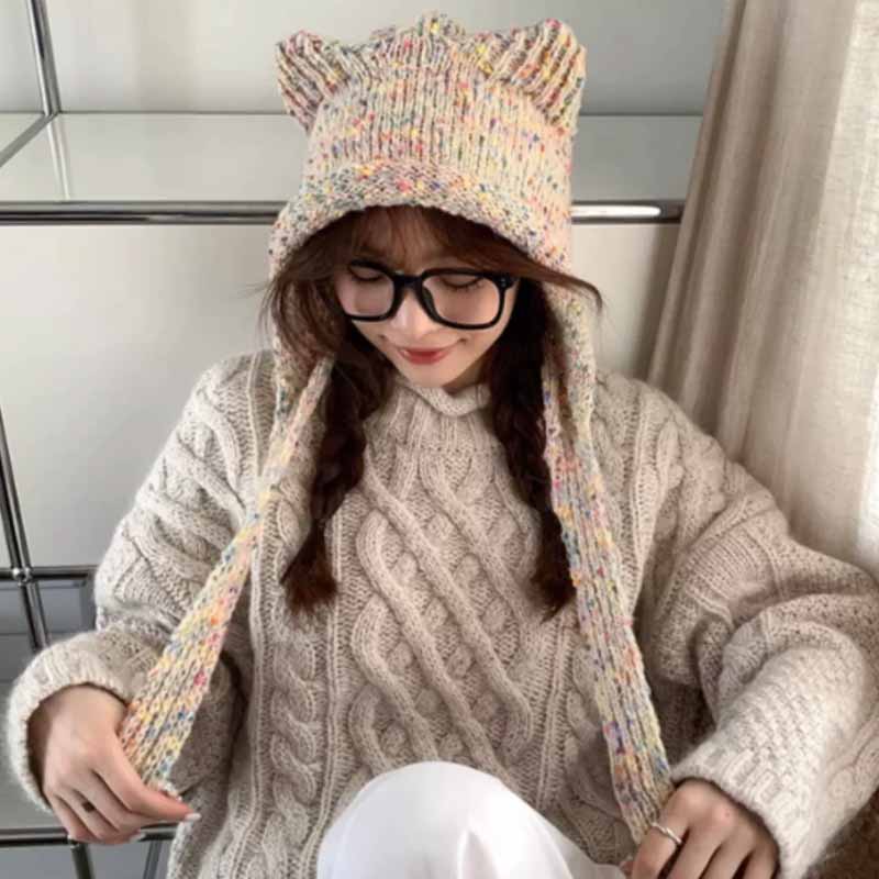 2023新型かわいいクマ帽子秋冬暖かくて顔が小さく見える毛糸帽子耳保護ニット帽