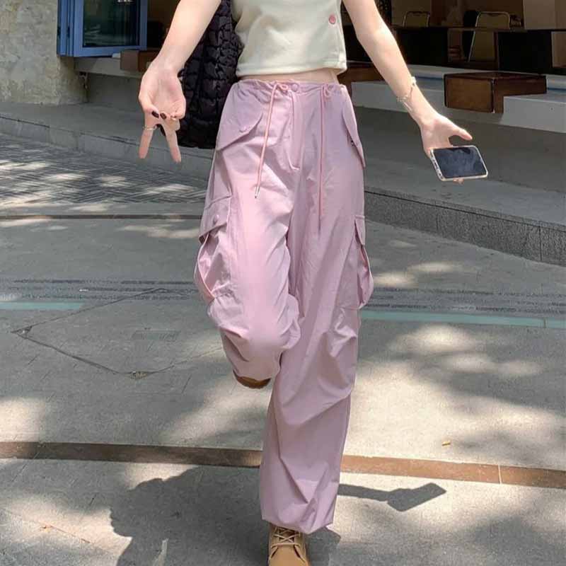 ピンクカジュアルパンツ女性の夏の薄いセクションハイウエストパンツルーズオーバーオール