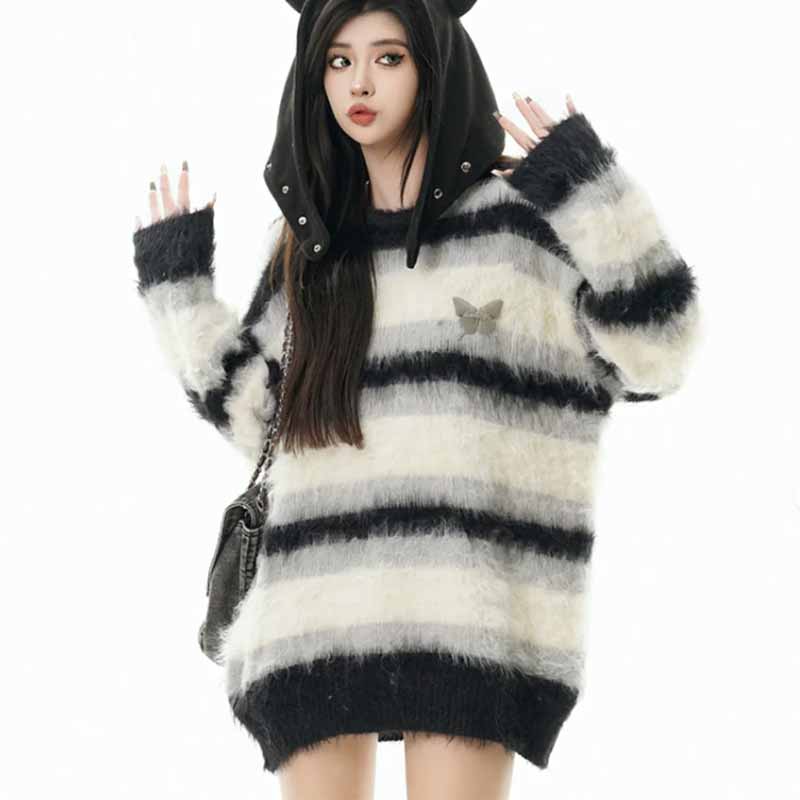 韓国版冬の厚手セーターゆったり衝突色ストライプセーターニットトップスカップルレトロoversizeセーター