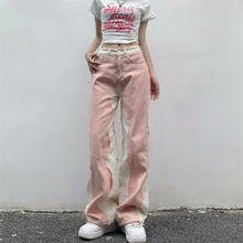 画像をギャラリービューアに読み込む, ジーンズ カラーブロック ルーズ スリム ワイドレッグ パンツ ハイウエスト ストレートパンツ レトロ パンツ
