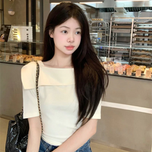 画像をギャラリービューアに読み込む, 韓国版スリムフィットオールマッチショートトップワンショルダーニット半袖Tシャツ甘い気質
