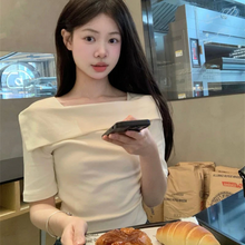 画像をギャラリービューアに読み込む, 韓国版スリムフィットオールマッチショートトップワンショルダーニット半袖Tシャツ甘い気質
