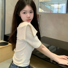 画像をギャラリービューアに読み込む, 韓国版スリムフィットオールマッチショートトップワンショルダーニット半袖Tシャツ甘い気質
