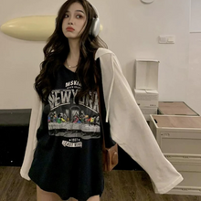 画像をギャラリービューアに読み込む, 新しいルーズフード付きプリントTシャツトップ韓国ストリートスタイルガールトレンドレター長袖トップ
