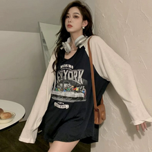 画像をギャラリービューアに読み込む, 新しいルーズフード付きプリントTシャツトップ韓国ストリートスタイルガールトレンドレター長袖トップ
