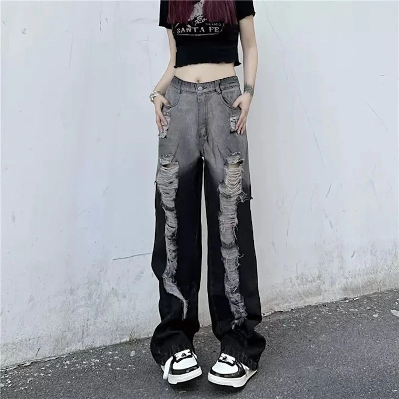 年仔パンツストレートハイウエストゆったり細見えワイドパンツグラデーション破れジーンズロングパンツ