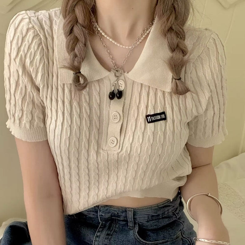 カレッジ風かわいいニットポロ トップス韓国っぱゆったりカジュアルTシャツショート丈