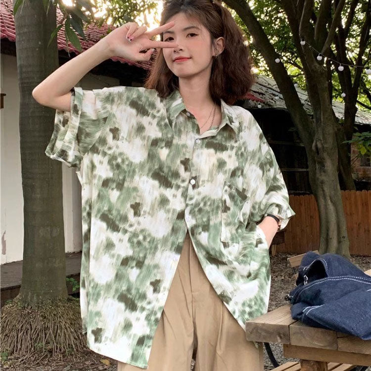 原宿系水墨画タイダイ半袖花柄シャツトップスレデイーズ