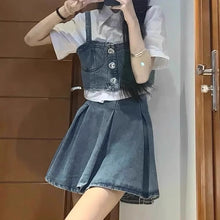 画像をギャラリービューアに読み込む, レトロチックデニムセットワンピース（3点セット）リトルガール向けサマースタイル タンクトップ/半袖シャツ/デニムスカート
