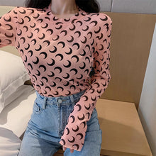 画像をギャラリービューアに読み込む, 月柄トップス長袖カットソー薄手透け感Tシャツインナーダンス衣装ヒップホップHIPHOPレディースストリート個性的スター韓国おしゃれ総柄
