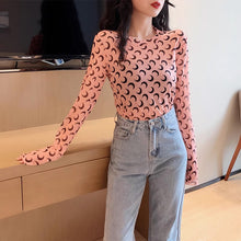 画像をギャラリービューアに読み込む, 月柄トップス長袖カットソー薄手透け感Tシャツインナーダンス衣装ヒップホップHIPHOPレディースストリート個性的スター韓国おしゃれ総柄
