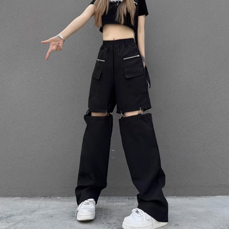韓国 スタイル ストリート スケーター ステージ衣装 ダンス衣装 ガールズ ファッション HIPHOP 長ズボン ロングパンツ レディース ダンス 衣装 ヒップホップ 派手 カワ な 服 原宿 個性派 パンツ 取り外し可能カーゴパンツ