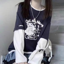 画像をギャラリービューアに読み込む, ブルー ストライプ フェイクツインセット 長袖Tシャツ 日系 ゆったり 学生向け キュートトップス

