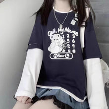 画像をギャラリービューアに読み込む, ブルー ストライプ フェイクツインセット 長袖Tシャツ 日系 ゆったり 学生向け キュートトップス
