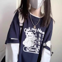 画像をギャラリービューアに読み込む, ブルー ストライプ フェイクツインセット 長袖Tシャツ 日系 ゆったり 学生向け キュートトップス

