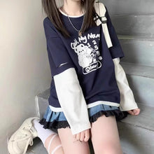 画像をギャラリービューアに読み込む, ブルー ストライプ フェイクツインセット 長袖Tシャツ 日系 ゆったり 学生向け キュートトップス
