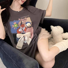 画像をギャラリービューアに読み込む, 半袖プリント Tシャツ立体弓半袖 Tシャツルーズ新しいカジュアルトップスイントレンディなラウンドネック漫画プリントトップス

