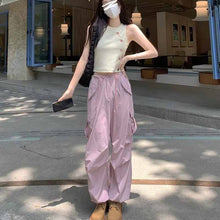 画像をギャラリービューアに読み込む, ピンクカジュアルパンツ女性の夏の薄いセクションハイウエストパンツルーズオーバーオール
