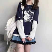 画像をギャラリービューアに読み込む, ブルー ストライプ フェイクツインセット 長袖Tシャツ 日系 ゆったり 学生向け キュートトップス
