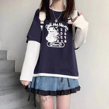 画像をギャラリービューアに読み込む, ブルー ストライプ フェイクツインセット 長袖Tシャツ 日系 ゆったり 学生向け キュートトップス
