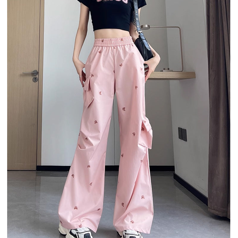 原宿系夏カジュアルカーゴパンツ リボンデコレーションベアプリント ハイウエストワイドレッグ 通気性快適デザイン‌レデイーズ