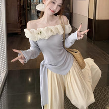 画像をギャラリービューアに読み込む, 韓国風オフショルダー長袖Tシャツアシンメトリーストラップ花柄夏 レディースかわいい おしゃれ トップス

