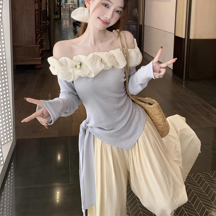 韓国風オフショルダー長袖Tシャツアシンメトリーストラップ花柄夏 レディースかわいい おしゃれ トップス