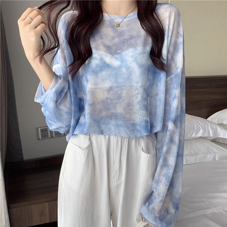 春夏用 タイダイ柄 ワイドシルエット メッシュ長袖TシャツUVカット/リゾート着用 女性用 トップス