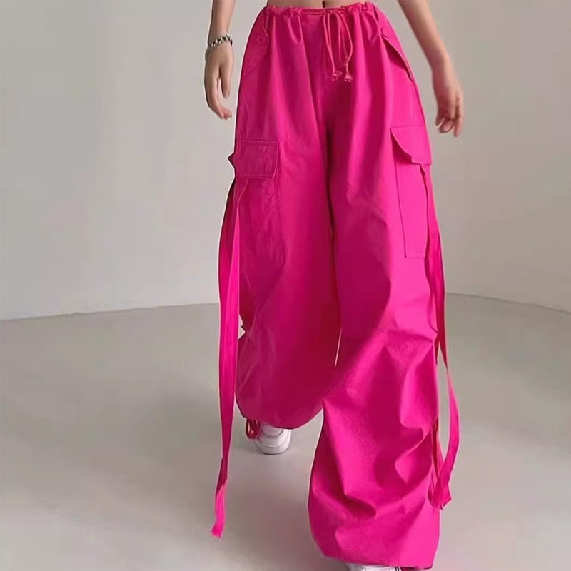 カーゴパンツ個性的パンツガーリー系ゆったりハイウエスト原宿系ダンス衣装ヒップホップHIPHOPコスチューム無地 ピンク ブラック
