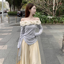 画像をギャラリービューアに読み込む, 韓国風オフショルダー長袖Tシャツアシンメトリーストラップ花柄夏 レディースかわいい おしゃれ トップス
