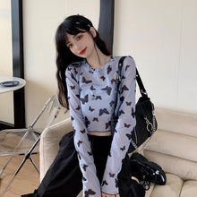 画像をギャラリービューアに読み込む, インスタ風メッシュ薄手Tシャツ バタフライプリント 長袖UVカット レディース夏用トップス‌

