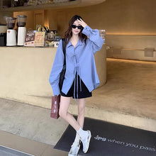 画像をギャラリービューアに読み込む, ラペルカラーボウタイデザイン 長袖ルーズブラウス 韓国風ミディ丈トップス 春夏
