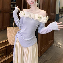 画像をギャラリービューアに読み込む, 韓国風オフショルダー長袖Tシャツアシンメトリーストラップ花柄夏 レディースかわいい おしゃれ トップス
